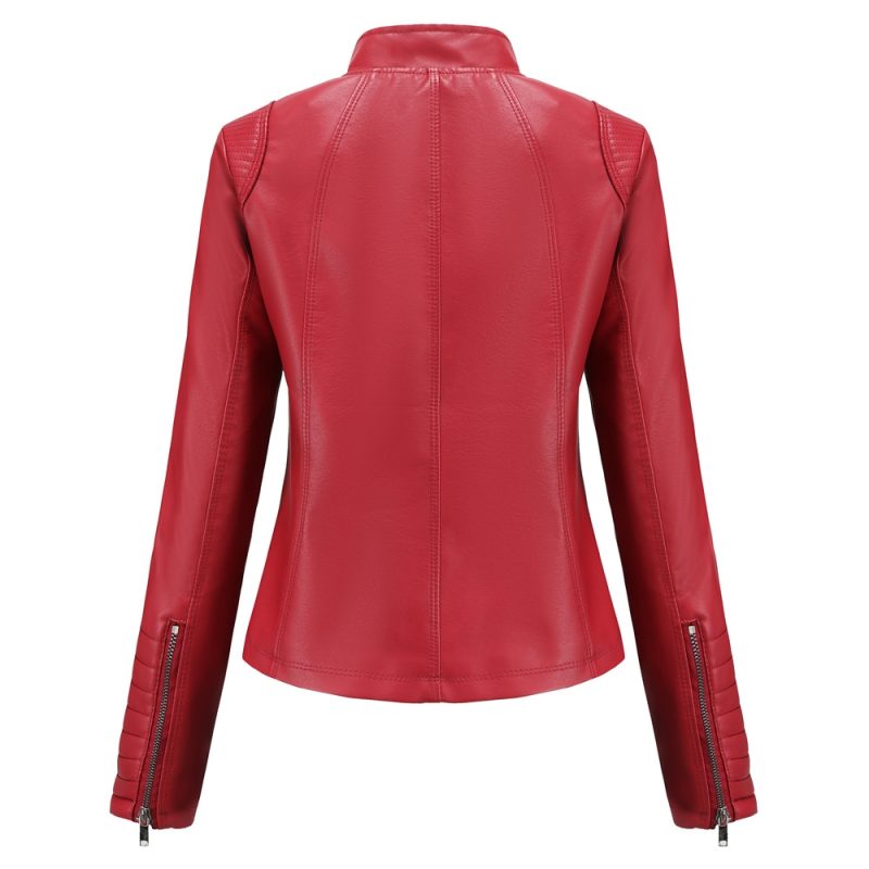 Bright Red V-neck Leather Jacket Women's, Fashion Slim PU Coat, Black Short Outerwear Asia Size XS S M L XL XXL - Image 2
