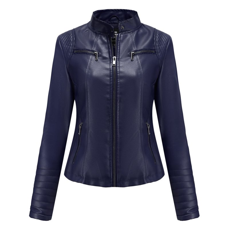 Bright Red V-neck Leather Jacket Women's, Fashion Slim PU Coat, Black Short Outerwear Asia Size XS S M L XL XXL - Image 4