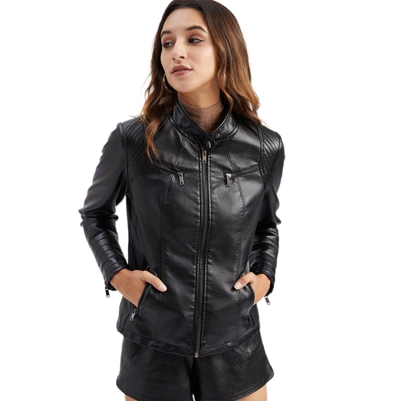 Bright Red V-neck Leather Jacket Women's, Fashion Slim PU Coat, Black Short Outerwear Asia Size XS S M L XL XXL - Image 5