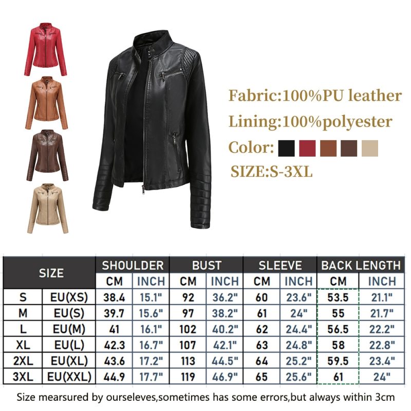 Bright Red V-neck Leather Jacket Women's, Fashion Slim PU Coat, Black Short Outerwear Asia Size XS S M L XL XXL - Image 6