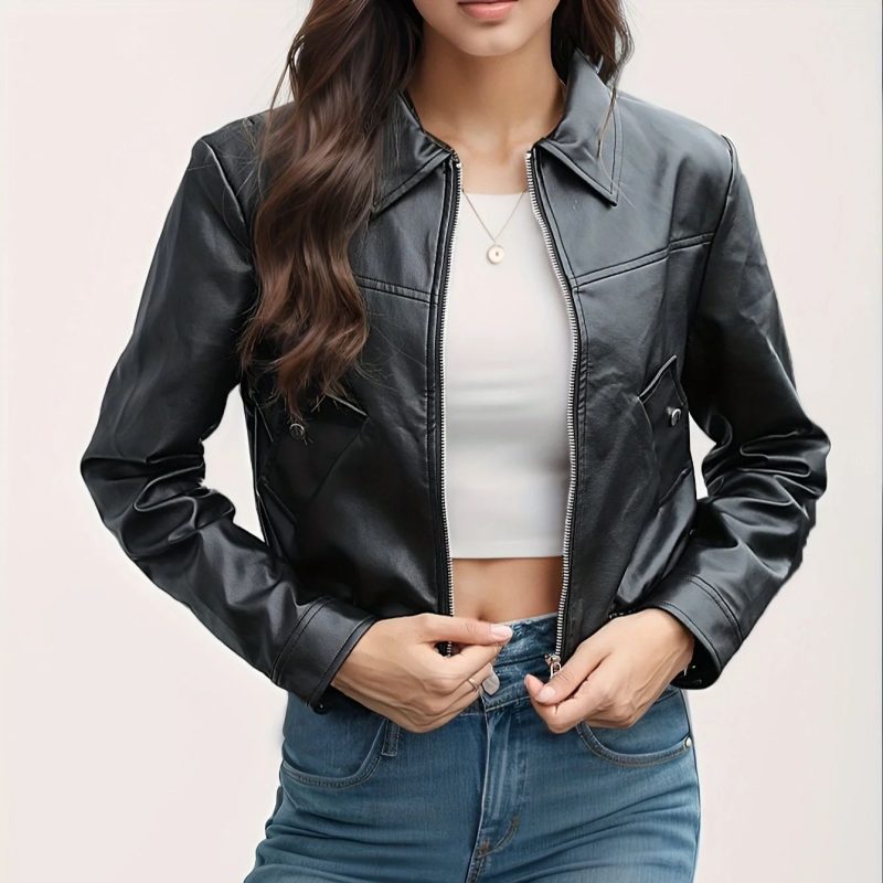 Women Fashion PU Motorcycle Jacket Zipper Pocket Leather Short Jacket - Image 5