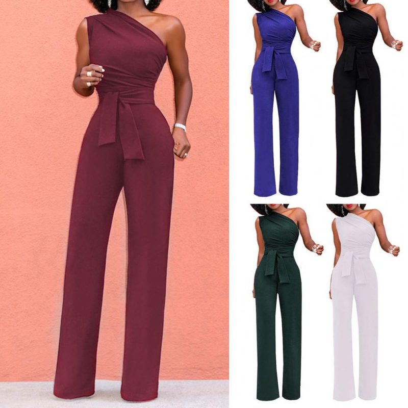 Sexy One Shoulder Rompers Womens Jumpsuit Summer Sleeveless Belt Wide Leg Elegant Lady New Size Bodycon Jumpsuits White Black - Image 2
