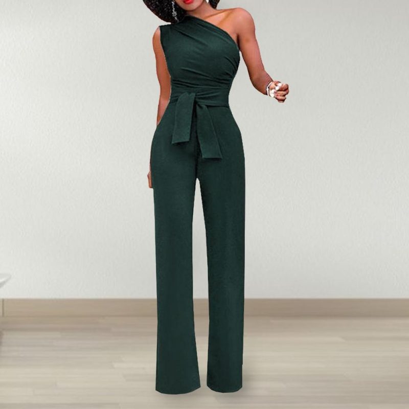 Sexy One Shoulder Rompers Womens Jumpsuit Summer Sleeveless Belt Wide Leg Elegant Lady New Size Bodycon Jumpsuits White Black - Image 3
