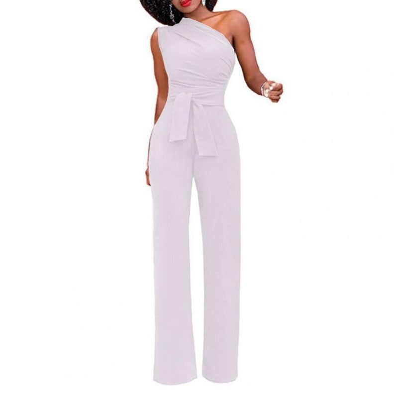 Sexy One Shoulder Rompers Womens Jumpsuit Summer Sleeveless Belt Wide Leg Elegant Lady New Size Bodycon Jumpsuits White Black - Image 5