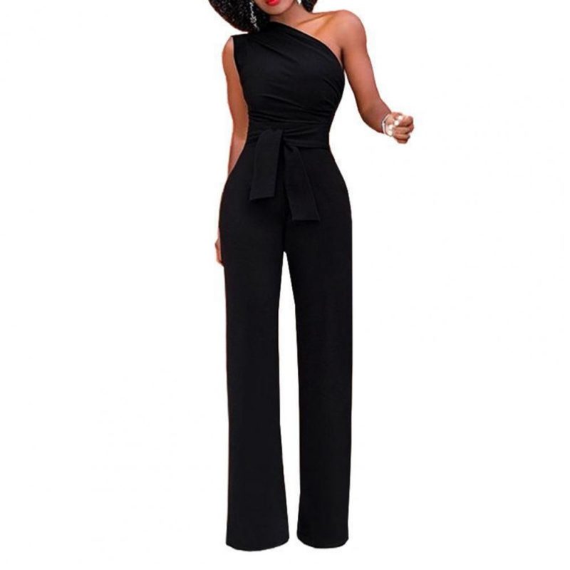 Sexy One Shoulder Rompers Womens Jumpsuit Summer Sleeveless Belt Wide Leg Elegant Lady New Size Bodycon Jumpsuits White Black - Image 8