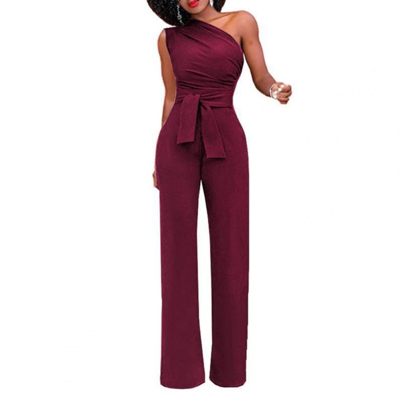 Sexy One Shoulder Rompers Womens Jumpsuit Summer Sleeveless Belt Wide Leg Elegant Lady New Size Bodycon Jumpsuits White Black - Image 10