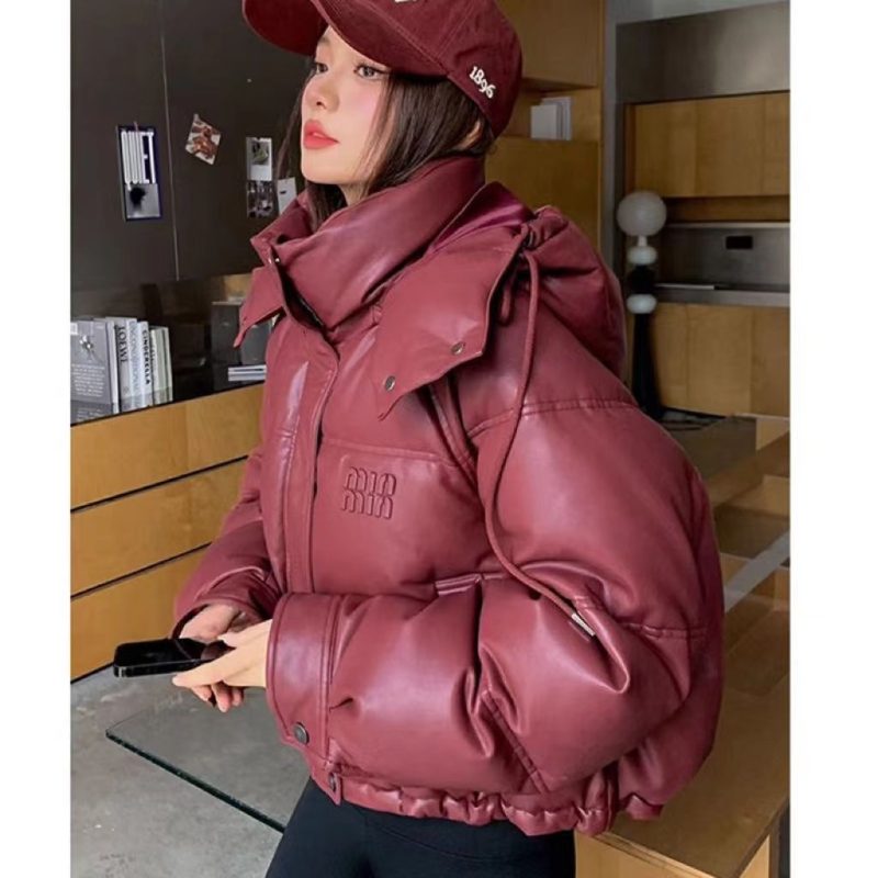 New Loose Fashionable Simple Disposable Hooded Down Cotton Jacket Women 2024 New Leather Short American Casual Commuter Jacket - Image 3