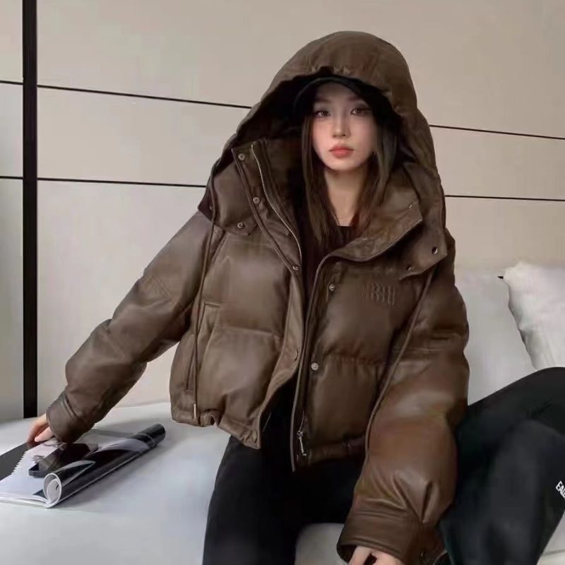 New Loose Fashionable Simple Disposable Hooded Down Cotton Jacket Women 2024 New Leather Short American Casual Commuter Jacket - Image 5
