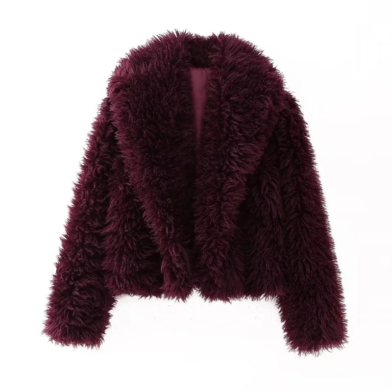 KONDALA 2025 Fall Winter Women Burgundy Casual Faux Fur Jackets Fashion Streetwear Turn Down Collar Warm Oversized Thick Coats - Image 8