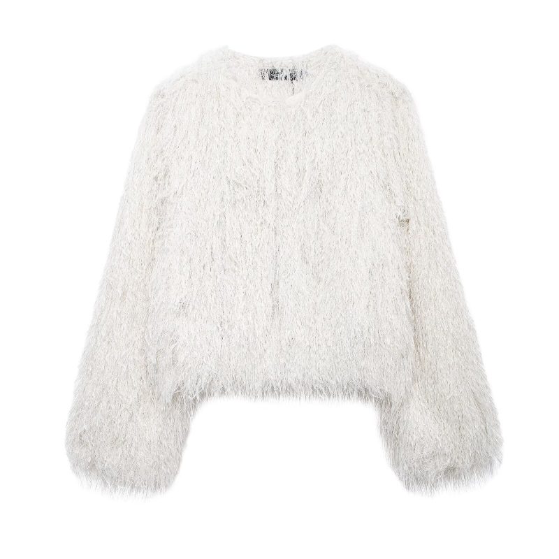 TRAFZA 2024 Vintage Women Faux Fur Fluffy Coat Loose Long Sleeves Round Neck Plush Casual Outwear Lady Warm Slim Short Overcoat - Image 9