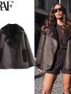 TRAF Fleeced Faux Leather Jacket Women Outerwears Vintage Cold Faux Wool & Blends Coats For Woman Autumn Winter Plush Jacket