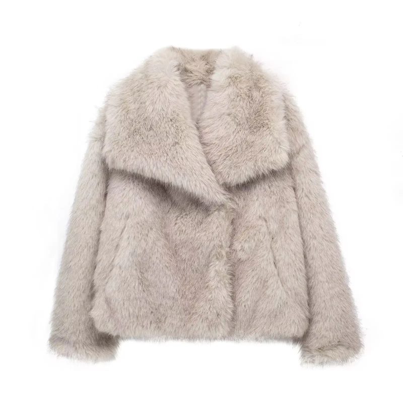 TRAFZA Women Vintage Cropped Faux Fur Jacket Coat 2024 Elegant Loose Long Sleeve Jacket Female Thick High Street Outerwear - Image 7
