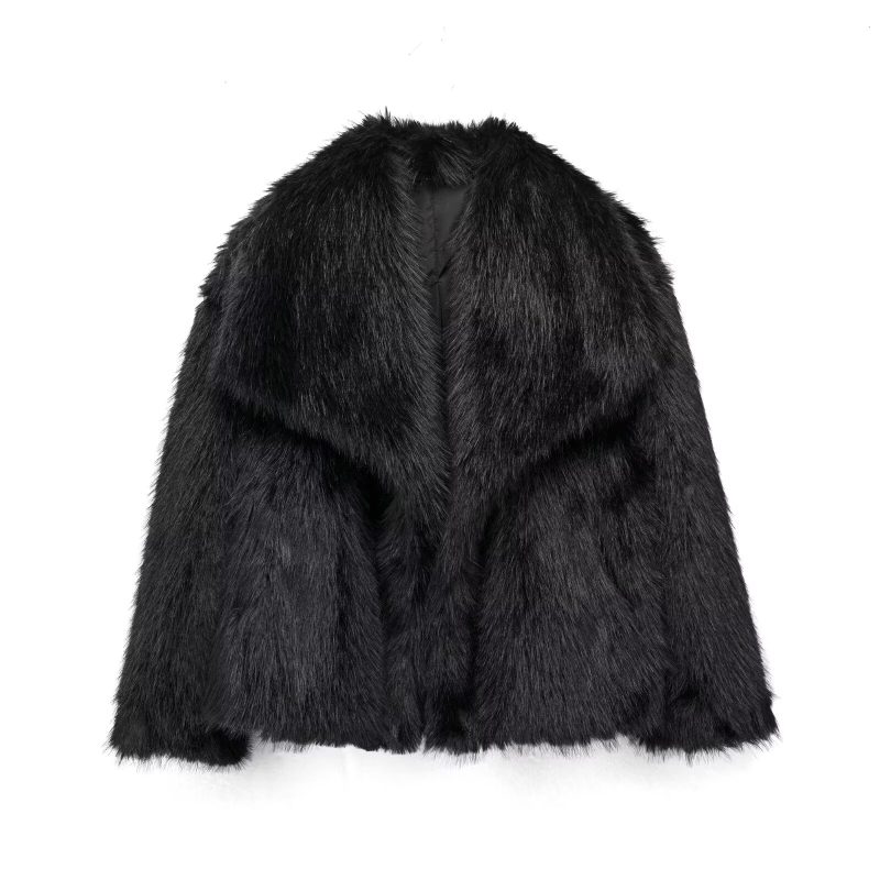 TRAFZA Women Vintage Cropped Faux Fur Jacket Coat 2024 Elegant Loose Long Sleeve Jacket Female Thick High Street Outerwear - Image 8