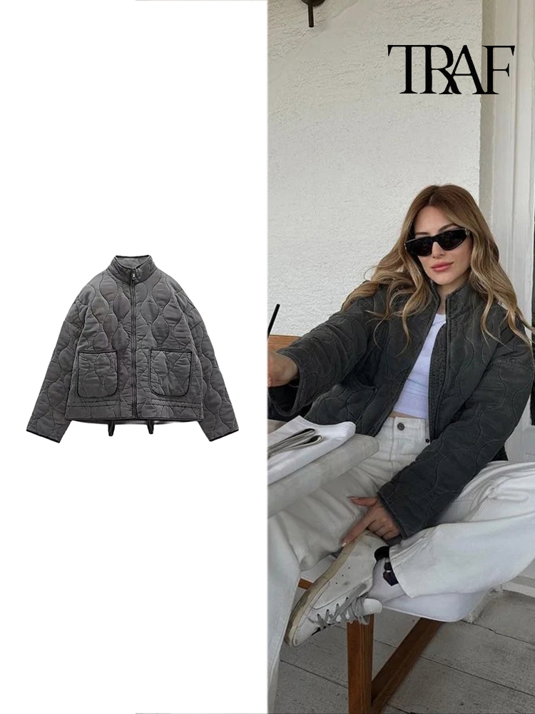Women's Fashion Diamond Plaid Cotton Jacket Winter Warm Pocket Jacket Vintage Casual Loose Long Sleeve Zipper Street Jacket