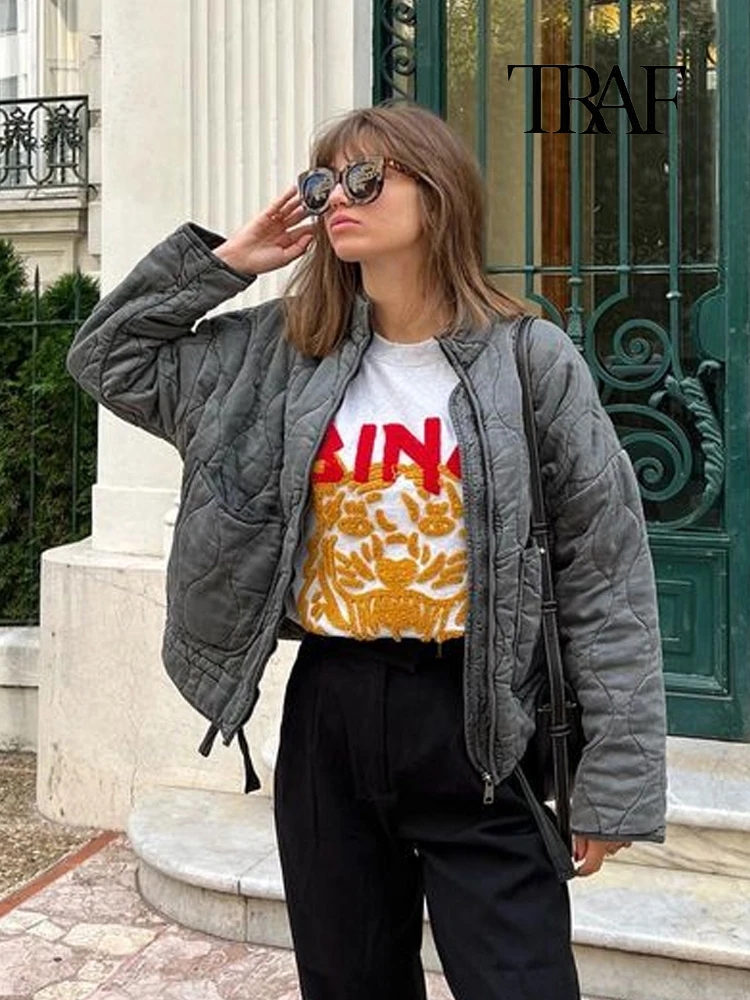 Women's Fashion Diamond Plaid Cotton Jacket Winter Warm Pocket Jacket Vintage Casual Loose Long Sleeve Zipper Street Jacket - Image 3