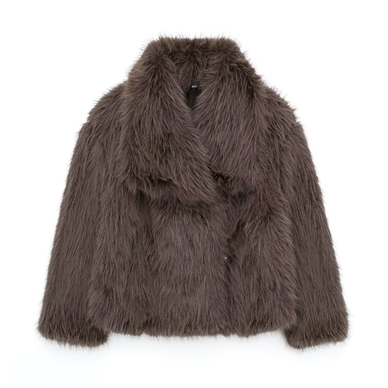 TRAFZA Winter Casual Women Solid Faux Fur Jackets 2024 Lapel Long Sleeve Patchwork Buttons Designer Coats Female Fashion Outwear - Image 11