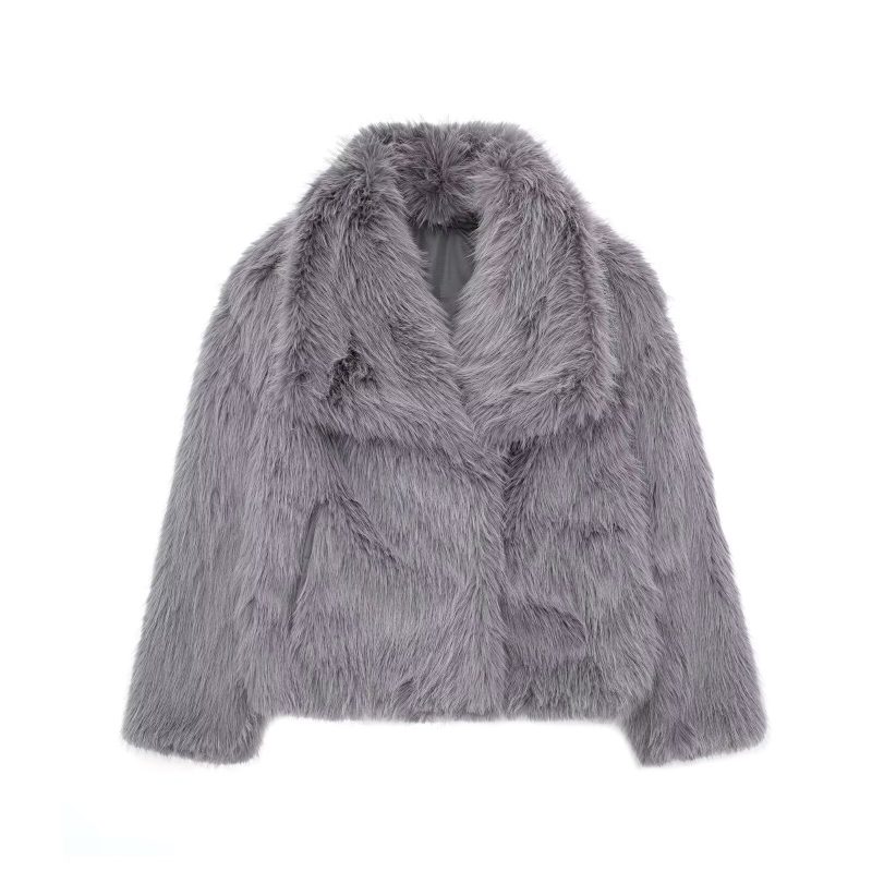 TRAFZA Winter Casual Women Solid Faux Fur Jackets 2024 Lapel Long Sleeve Patchwork Buttons Designer Coats Female Fashion Outwear - Image 13