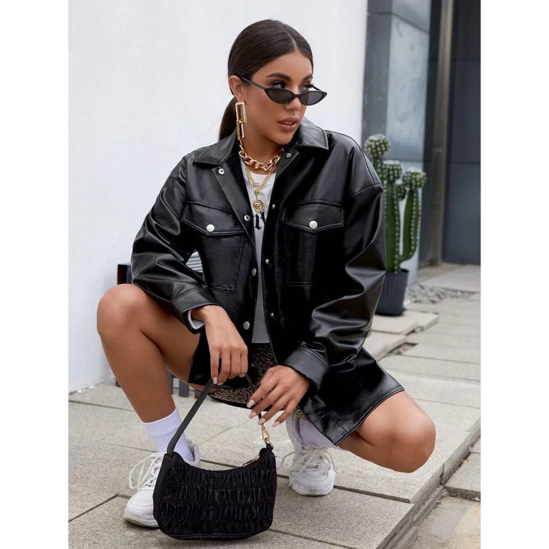 PU leather women's shirt fashion jacket hot high quality clothing Europe desinger new leather ladies shirt fashion ladies coat - Image 3