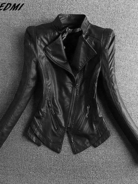 SWREDMI 2024 New Slim Casual Women Leather Jacket Mandarin Collar Short Black Leather Coats Spring And Autumn Suede Outerwear
