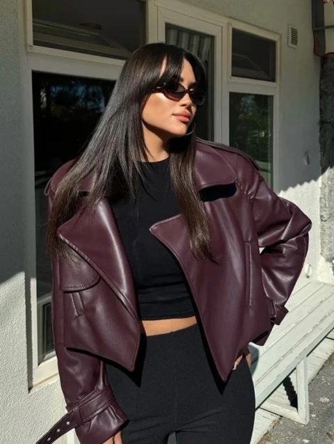 Women Chic Burgundy Irregular Zipper Leather Jacket Elegant Lapel Collar Long Sleeves Coat 2024 New Lady Autumn Cool Streetwear