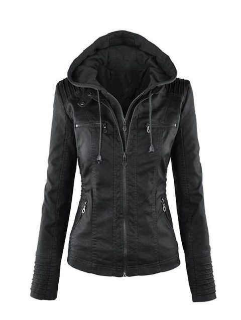 Faux Leather Jacket for Women, Female Winter Coat, Motorcycle Jacket, Faux Suede, PU Zipper Hoodies, Outerwear