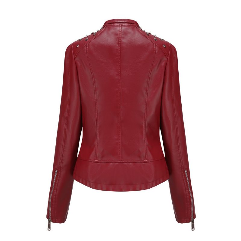 Women's Punk Rivet Leather Jacket Spring Autumn Retro Turndown Collar Slim Casual Ladies Faux Soft Leather Moto Biker Outerwear - Image 2