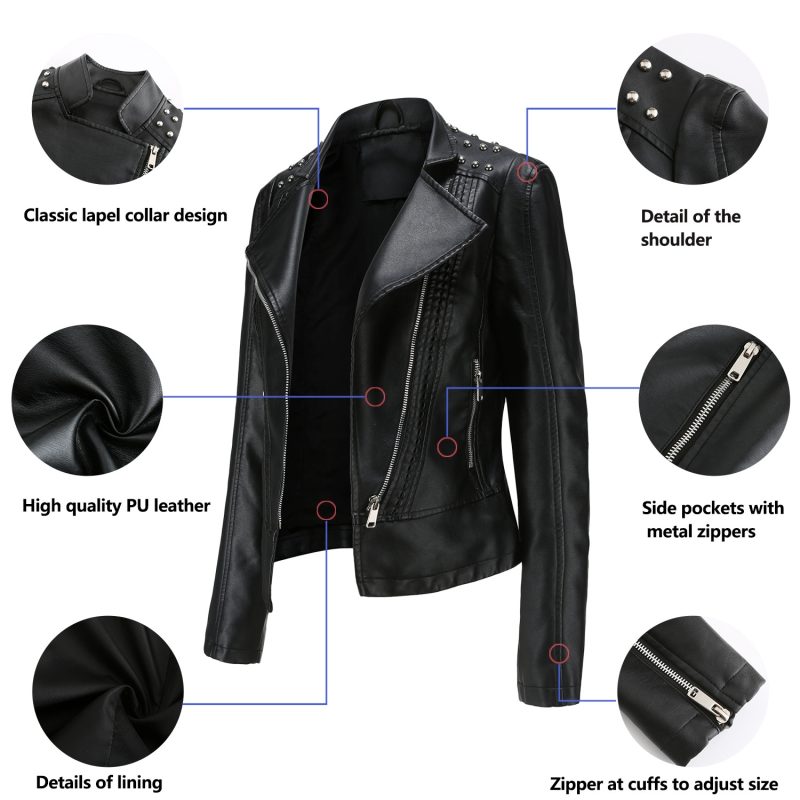 Women's Punk Rivet Leather Jacket Spring Autumn Retro Turndown Collar Slim Casual Ladies Faux Soft Leather Moto Biker Outerwear - Image 5