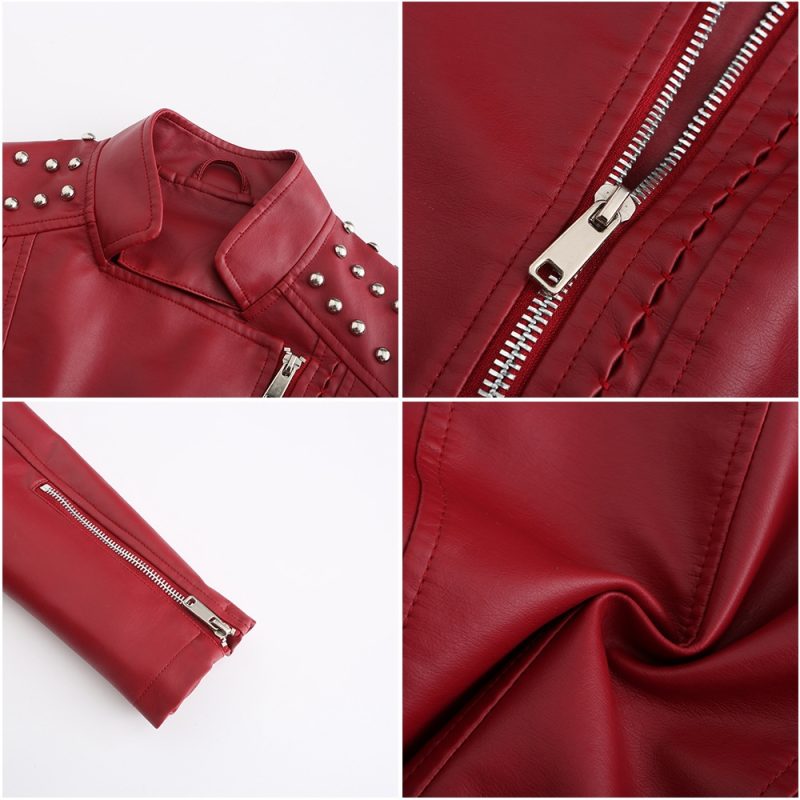Women's Punk Rivet Leather Jacket Spring Autumn Retro Turndown Collar Slim Casual Ladies Faux Soft Leather Moto Biker Outerwear - Image 6