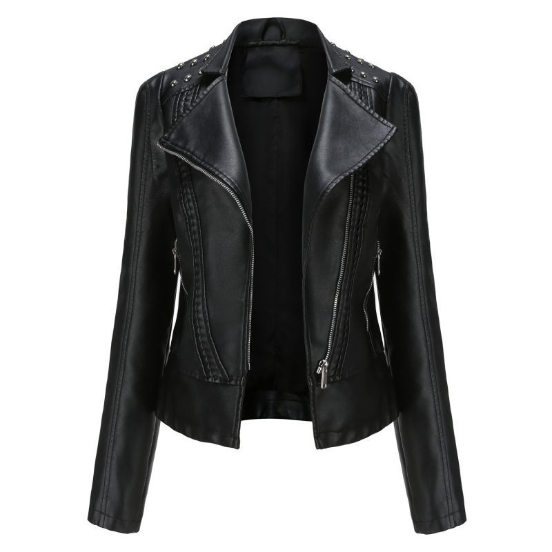 Women's Punk Rivet Leather Jacket Spring Autumn Retro Turndown Collar Slim Casual Ladies Faux Soft Leather Moto Biker Outerwear - Image 7
