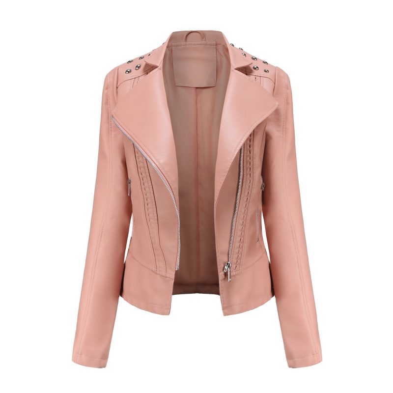 Women's Punk Rivet Leather Jacket Spring Autumn Retro Turndown Collar Slim Casual Ladies Faux Soft Leather Moto Biker Outerwear - Image 9