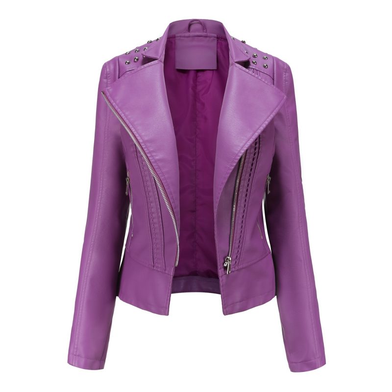 Women's Punk Rivet Leather Jacket Spring Autumn Retro Turndown Collar Slim Casual Ladies Faux Soft Leather Moto Biker Outerwear - Image 10