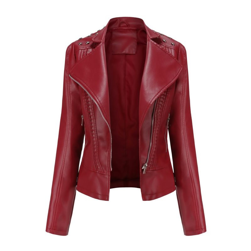 Women's Punk Rivet Leather Jacket Spring Autumn Retro Turndown Collar Slim Casual Ladies Faux Soft Leather Moto Biker Outerwear - Image 11