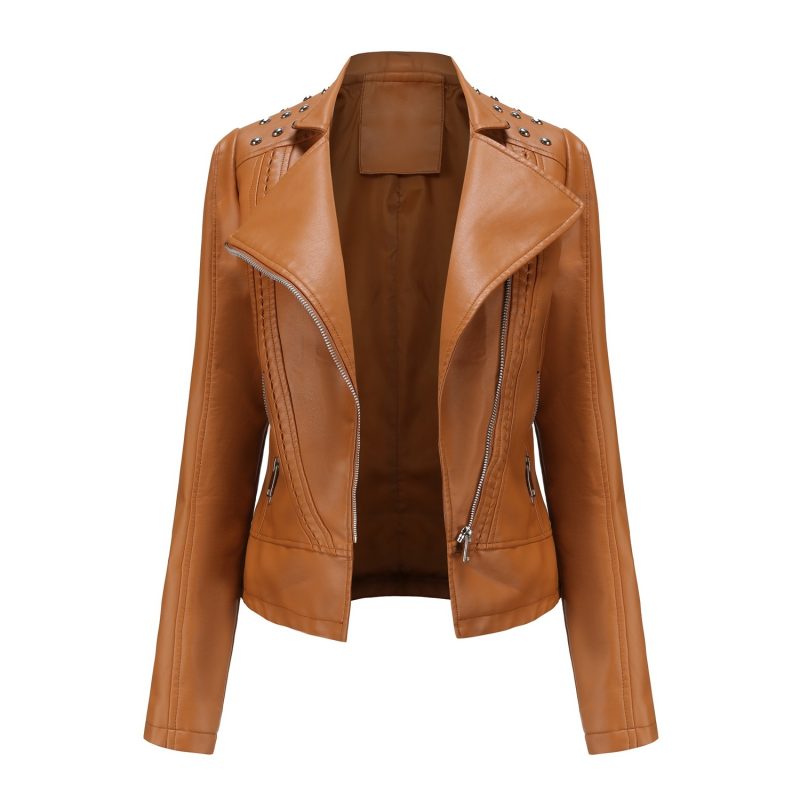 Women's Punk Rivet Leather Jacket Spring Autumn Retro Turndown Collar Slim Casual Ladies Faux Soft Leather Moto Biker Outerwear - Image 12