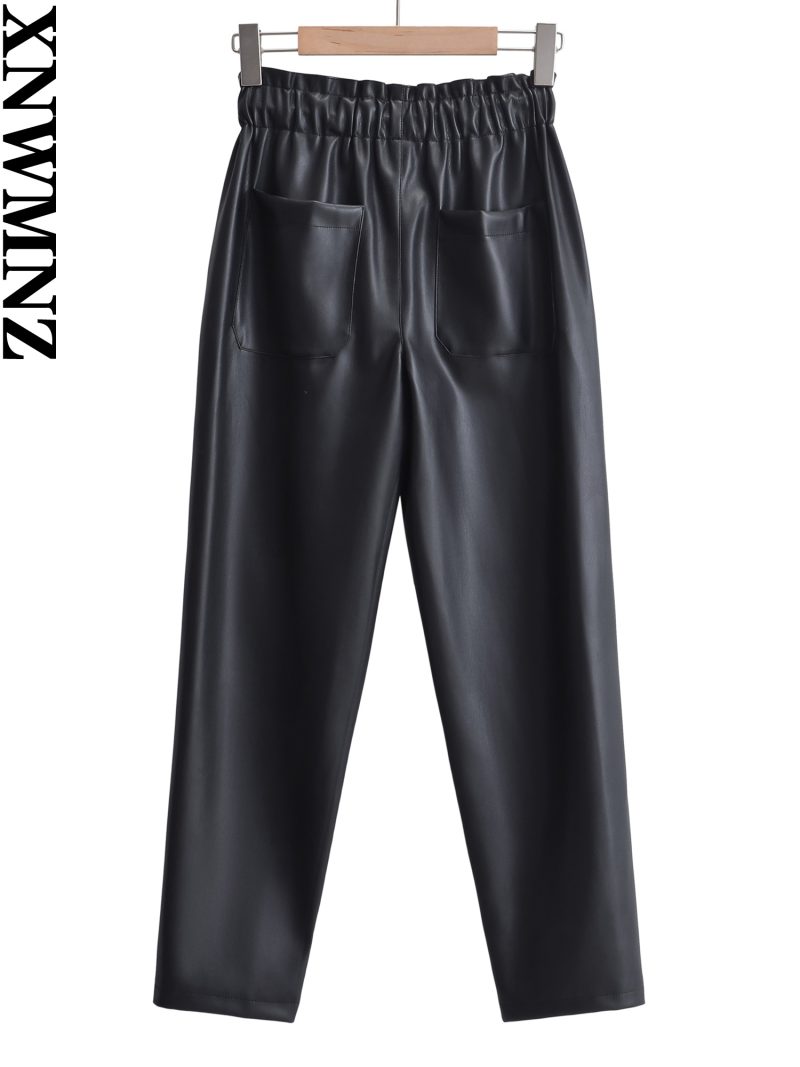 XNWMNZ Women's Fashion 2023 Faux Leather PU Baggy Trousers Women Vintage Elastic Drawstrings High Waist Versatile Female Pants