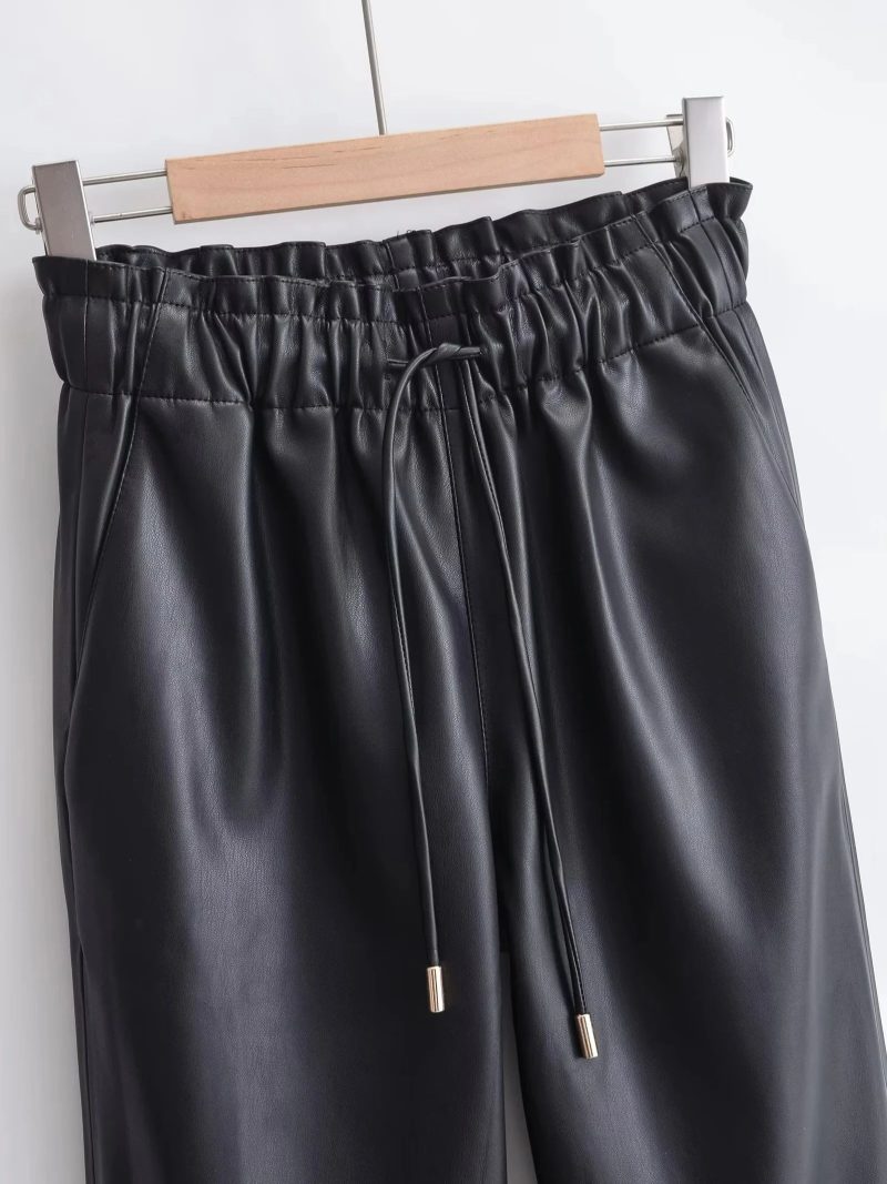 XNWMNZ Women's Fashion 2023 Faux Leather PU Baggy Trousers Women Vintage Elastic Drawstrings High Waist Versatile Female Pants - Image 2