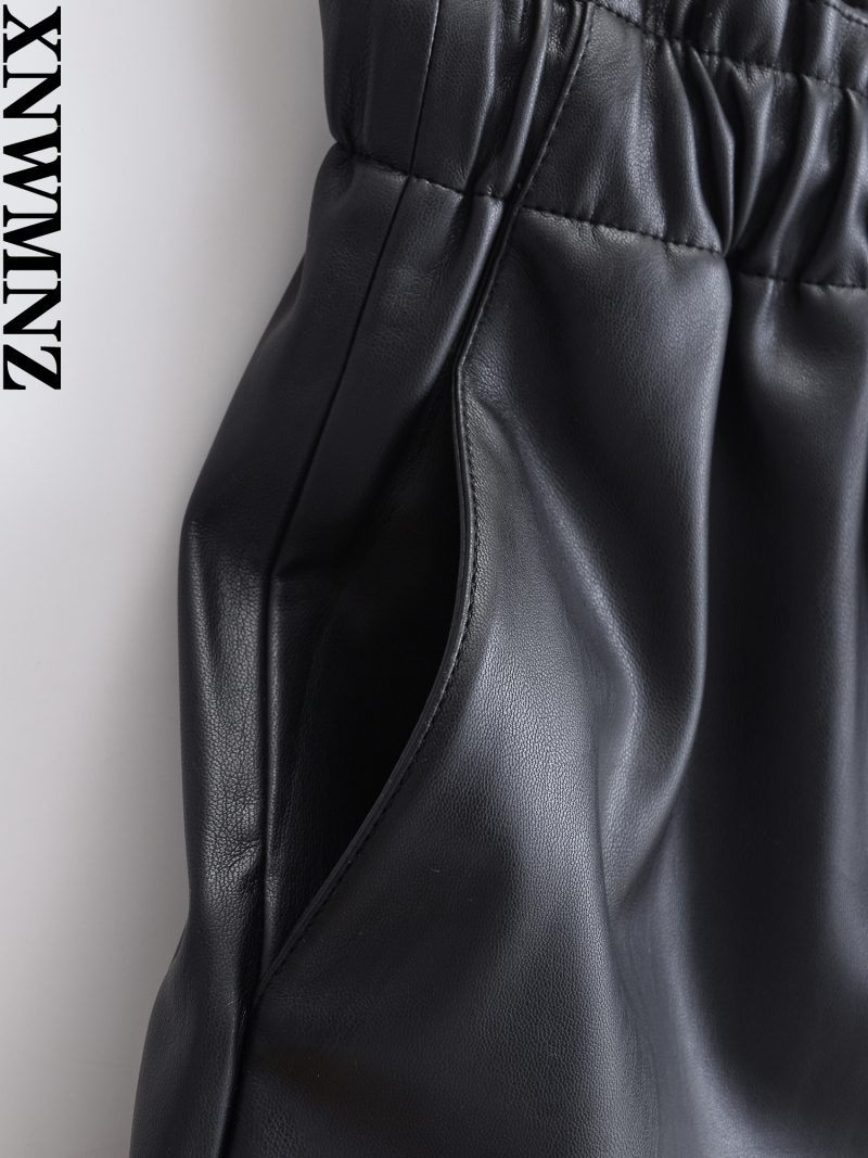XNWMNZ Women's Fashion 2023 Faux Leather PU Baggy Trousers Women Vintage Elastic Drawstrings High Waist Versatile Female Pants - Image 3