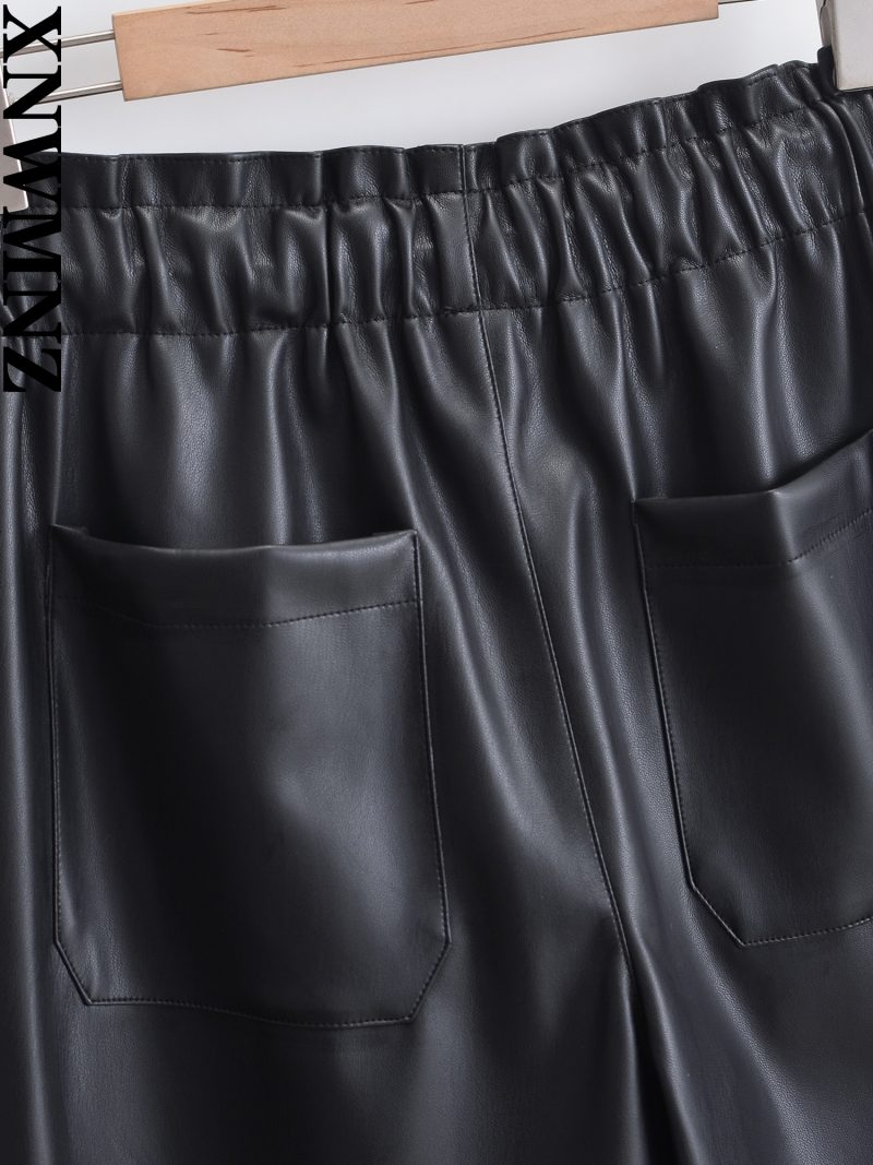 XNWMNZ Women's Fashion 2023 Faux Leather PU Baggy Trousers Women Vintage Elastic Drawstrings High Waist Versatile Female Pants - Image 4