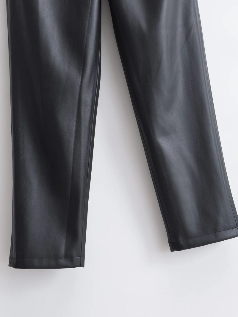 XNWMNZ Women's Fashion 2023 Faux Leather PU Baggy Trousers Women Vintage Elastic Drawstrings High Waist Versatile Female Pants - Image 5