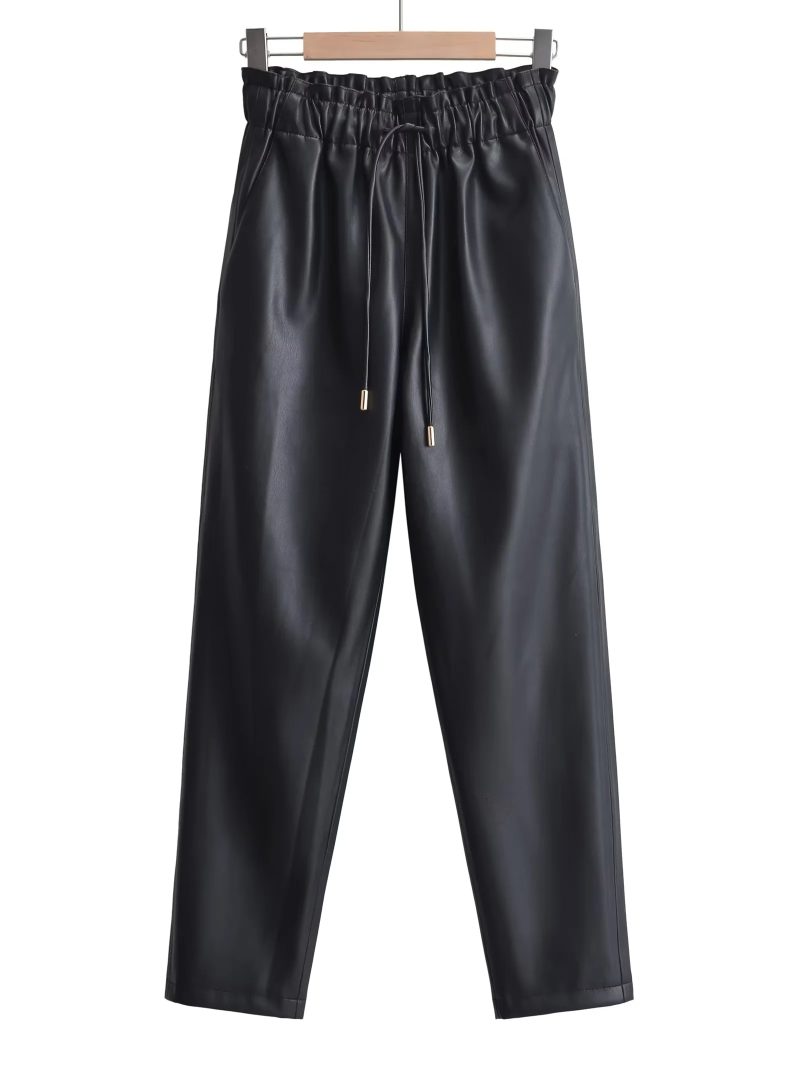XNWMNZ Women's Fashion 2023 Faux Leather PU Baggy Trousers Women Vintage Elastic Drawstrings High Waist Versatile Female Pants - Image 6