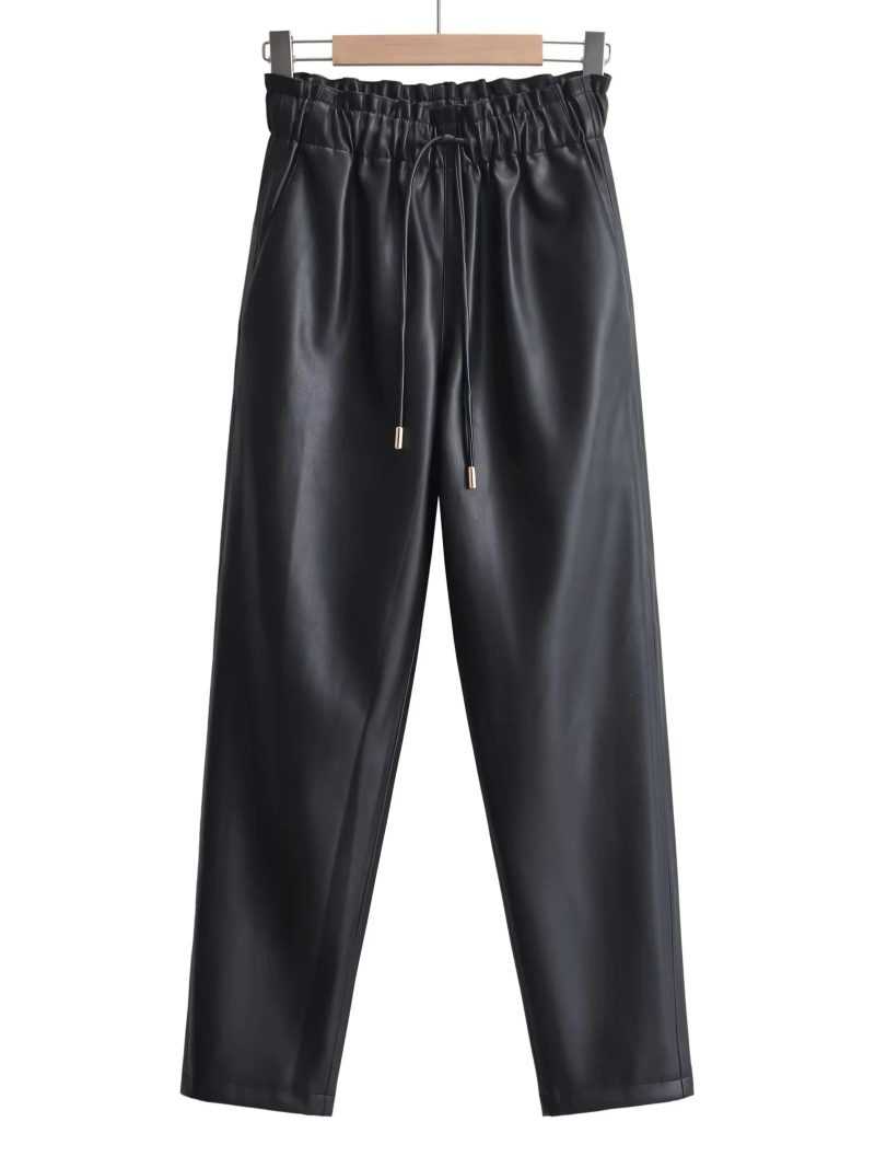 XNWMNZ Women's Fashion 2023 Faux Leather PU Baggy Trousers Women Vintage Elastic Drawstrings High Waist Versatile Female Pants - Image 7