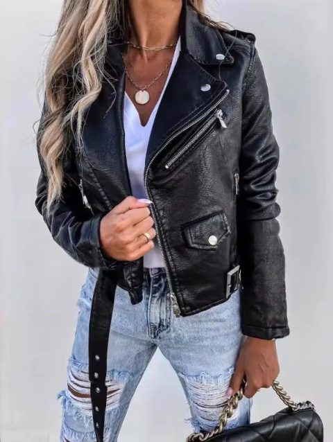 Mandylandy Locomotive PU Jackets Outwear Women Long Sleeve Zipper Fashion Jacket PU Leather Coat Motorcycle Short Coats Outwear
