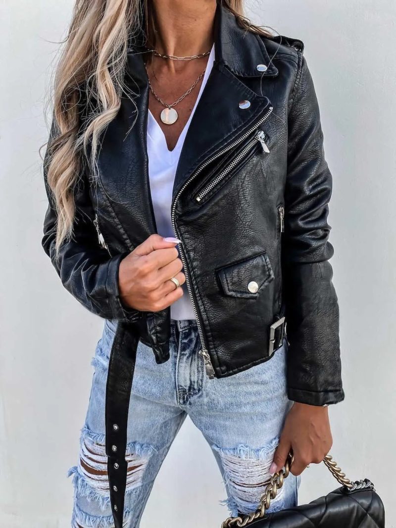 Mandylandy Locomotive PU Jackets Outwear Women Long Sleeve Zipper Fashion Jacket PU Leather Coat Motorcycle Short Coats Outwear - Image 7
