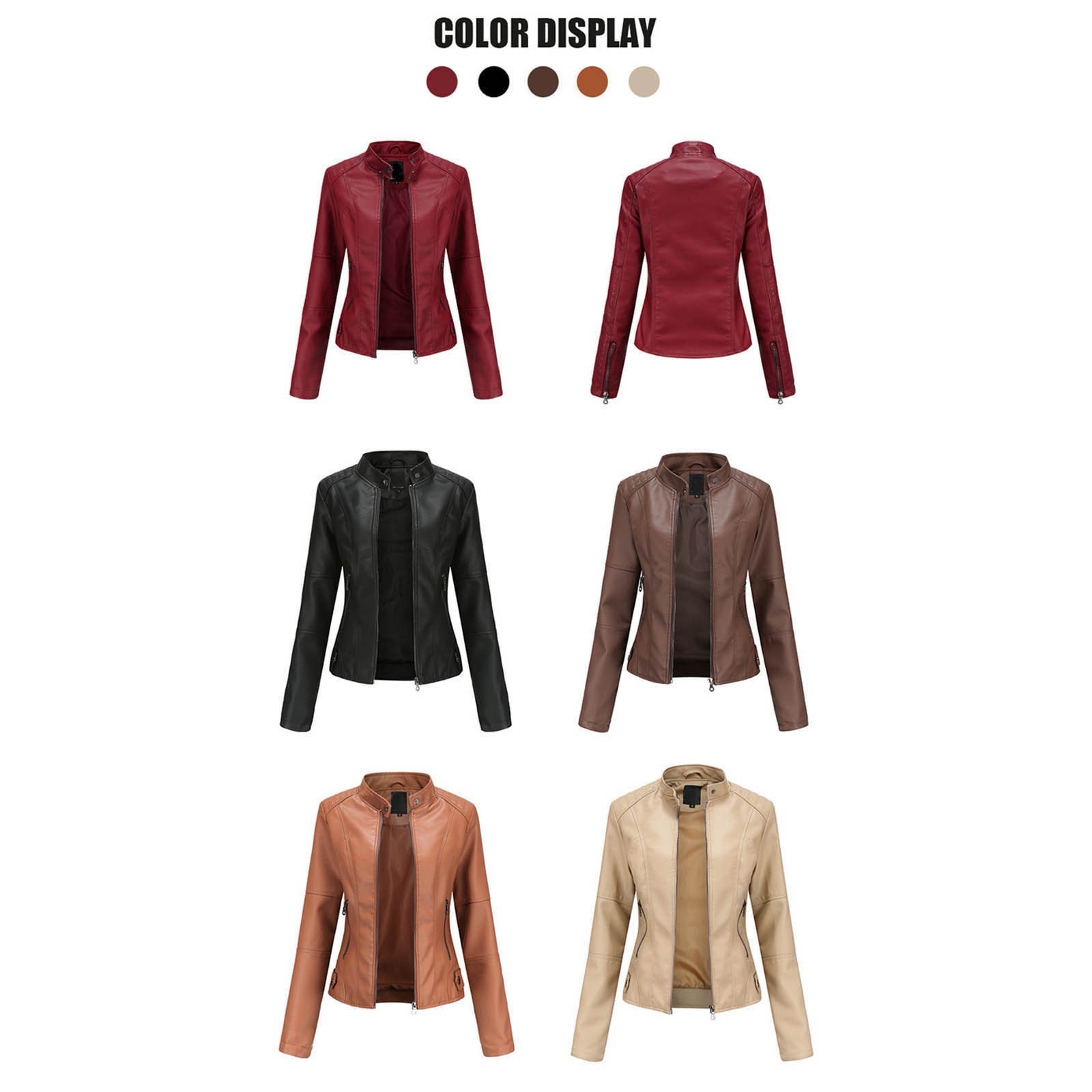 Women's Solid Color Pu Leather Jackets Slim Fit Zipper Leather Bomber Coat Turtleneck Women's Motorcycle Leather Jackets куртка - Image 2