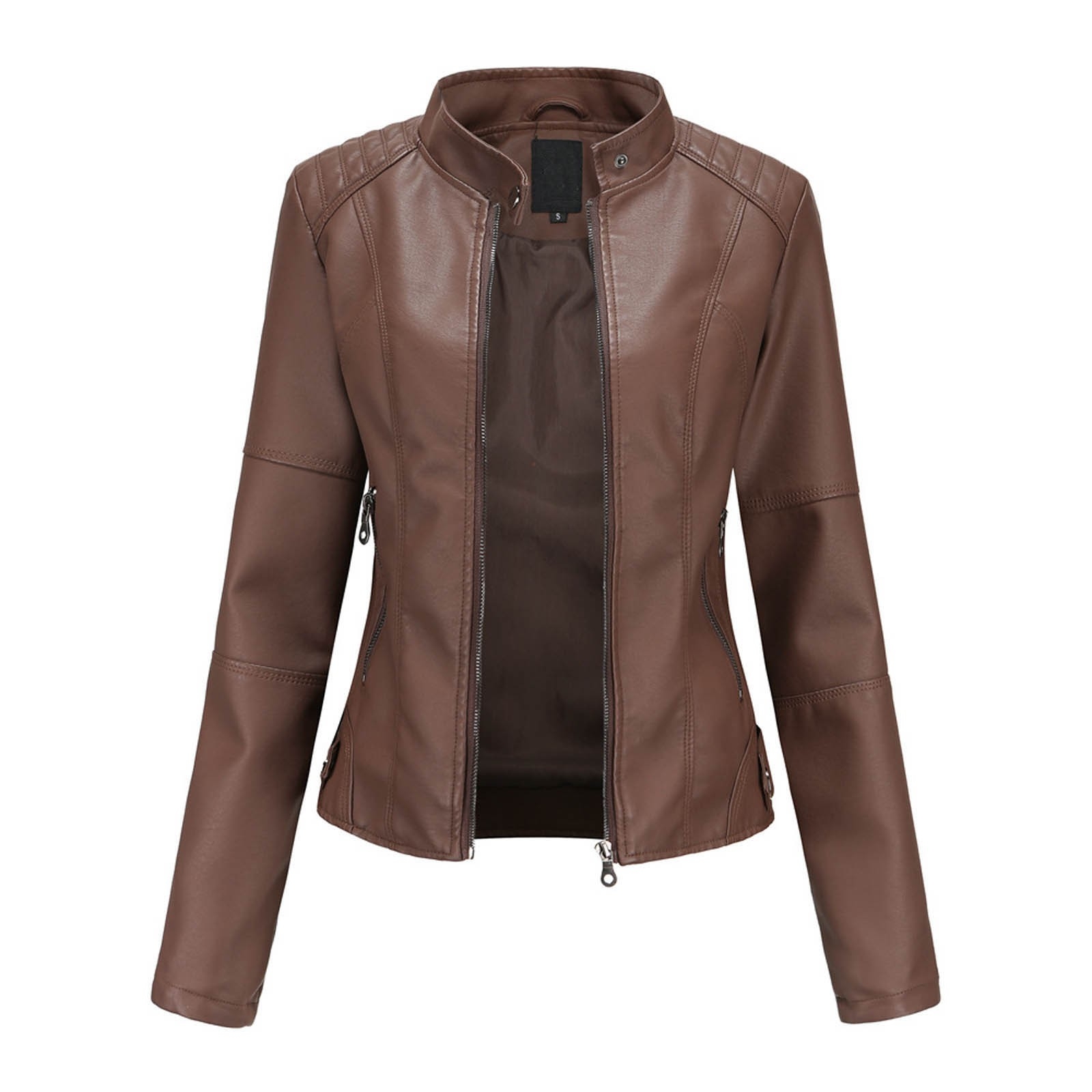 Women's Solid Color Pu Leather Jackets Slim Fit Zipper Leather Bomber Coat Turtleneck Women's Motorcycle Leather Jackets куртка - Image 3