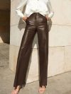 Fashion Solid PU Leather Straight Pants Autumn New Office Lady Pocket commute Trousers High Street Casual Women Slim Long Pants