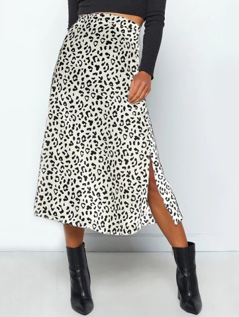 New Sexy Leopard Print Split Skirt Casual Fashion Long Skirts for Women Spring Summer Zip Elegant Female Skirt