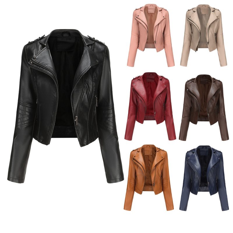 YJKDYK 2025 Spring Autumn Women's Leather Coat Female Pure Color Lapel Rivet Short Jacket Zipper Leather Jacket Women's Clothing