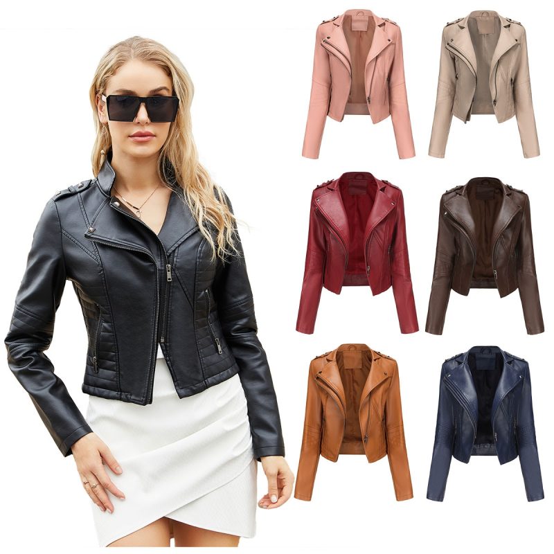 YJKDYK 2025 Spring Autumn Women's Leather Coat Female Pure Color Lapel Rivet Short Jacket Zipper Leather Jacket Women's Clothing - Image 2