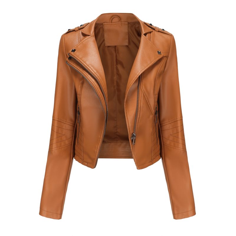 YJKDYK 2025 Spring Autumn Women's Leather Coat Female Pure Color Lapel Rivet Short Jacket Zipper Leather Jacket Women's Clothing - Image 12