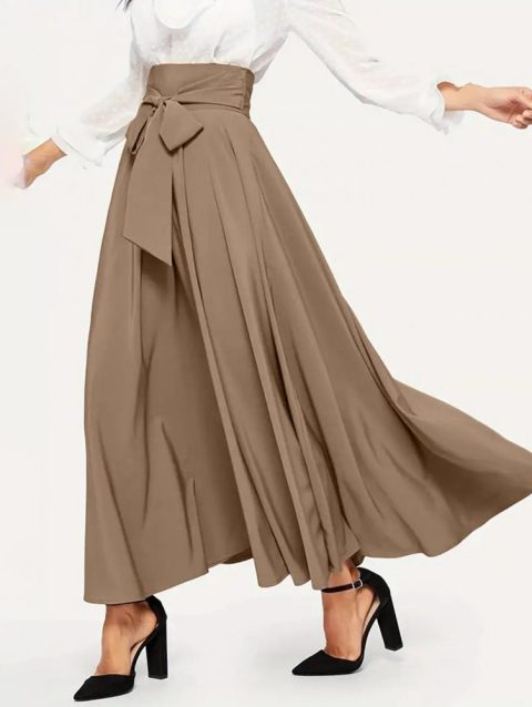 Women Skirt Elegant Lace-up Maxi Skirt with High Waist A-line Silhouette Solid Color Pleated Ankle Length for Women for Spring